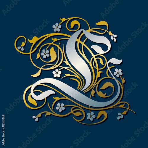 Ornamental Silver Initial Letter L With Golden Tendrils, Leaves And Forget-me-not Flowers On A Dark Blue Background