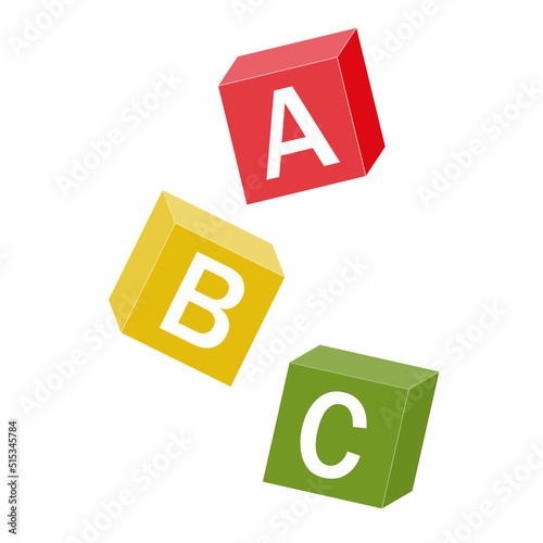 Wooden alphabet cubes with letters A, B, C, color vector isolated illustration