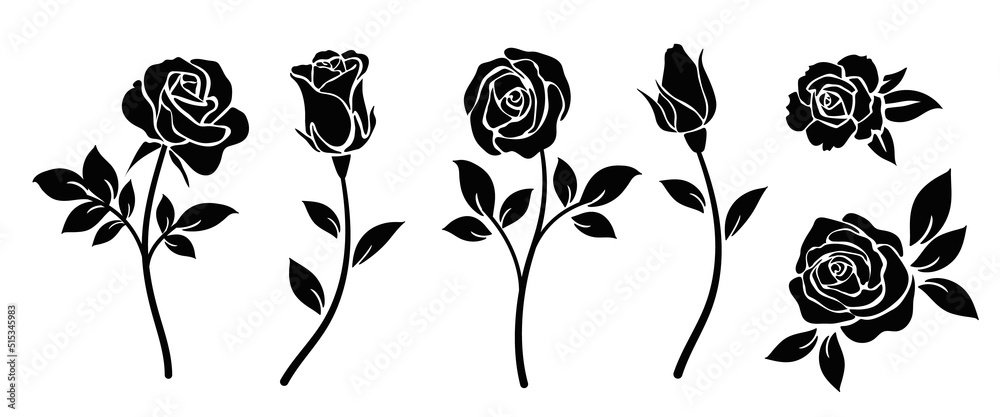 Decorative set of rose with long stem. Vector flower silhouette