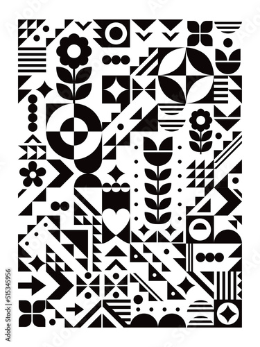 Bauhaus style cool geometric vector poster design 18x24 format in black and white with flowers, triangles, heart
  photo