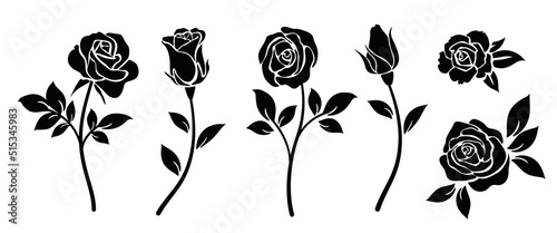 Set of decorative rose with leaves. Flower silhoutte. Vector illustration