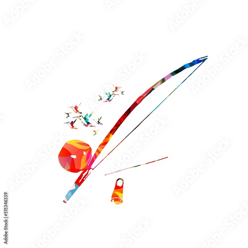  Berimbau, Brazilian capoeira musical instrument, colorful with hummingbirds vector illustration