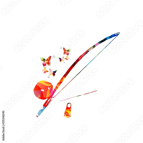  Berimbau, Brazilian capoeira musical instrument, colorful with butterflies vector illustration