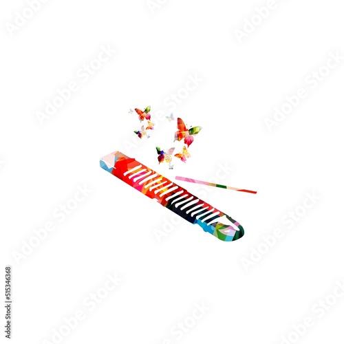  Reco-reco, Brazilian capoeira musical instrument, colorful with butterflies vector illustration
