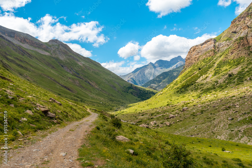 Mountain path in the Ripera valley in summer, Pyrenees Mountains in summer Mountain path in the Ripera valley in summer, Pyrenees Mountains in summer