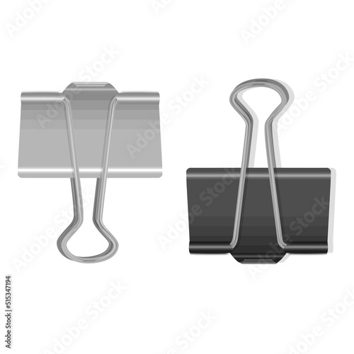 Binder clip for paper design. Realistic metallic black paper clip with shadow from a sheet of paper