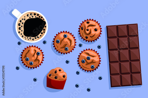 Muffins with chocolate and blueberries. Background with coffee mug, muffins and chocolate. Flat style