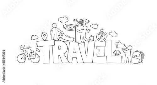 Travel poster with doodle people, direction sign, person on bike, compass and backpack. Vector banner of road trip, journey and vacation with hand drawn illustration of tourists and signpost