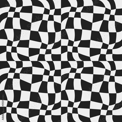 Checkerboard twisted pattern, can be seamless. Decoration and print for surfaces, decor decoration. Black and white checkers.