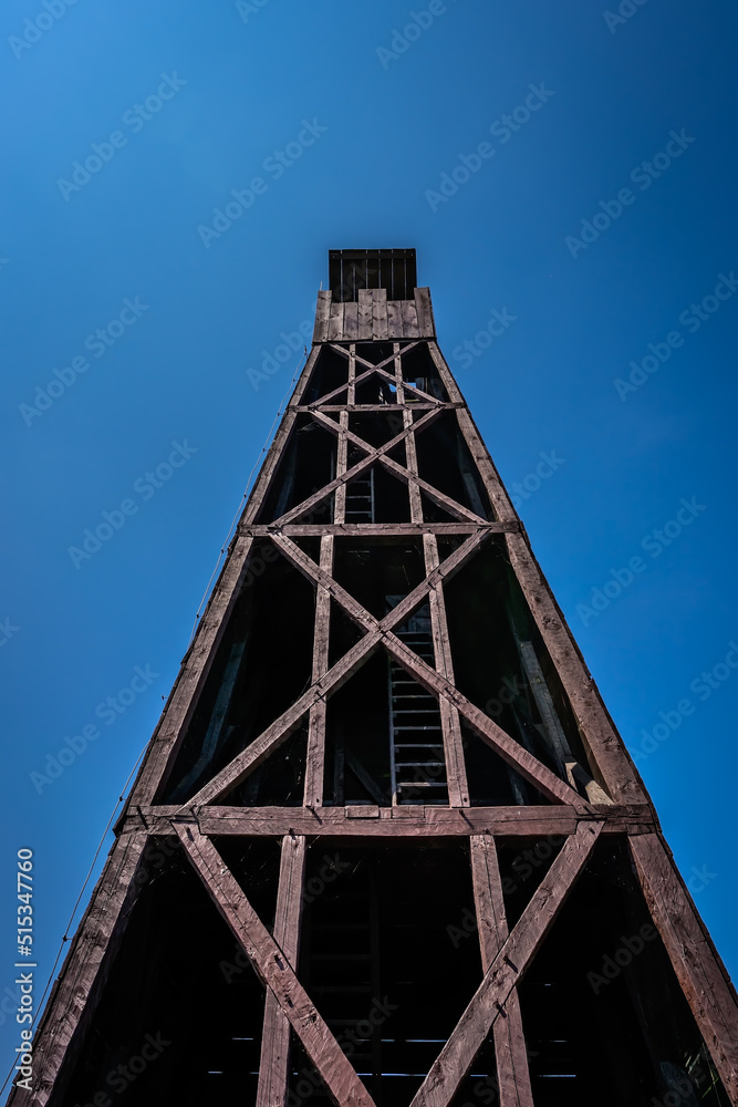 Low angle shot of ancient wooden tower used in attacking medieval castles during a siege