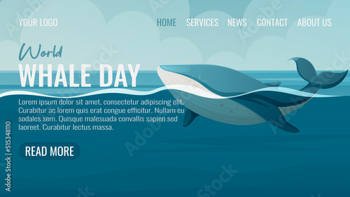 World whale day, protection of marine mammals, inhabitants of the oceans. Seascape, vector illustration, cartoon marine style. For web template, website interface, landing page