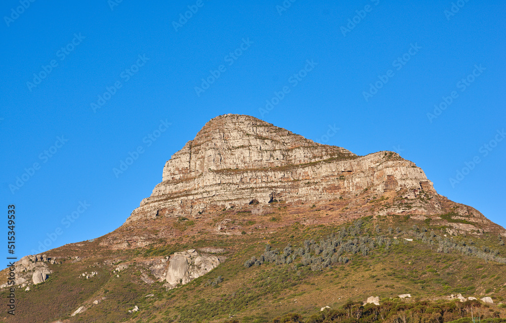 scenic landscape view of Lions Head in Cape Town, South Africa against a clear blue sky background from below with copyspace. Beautiful panoramic of an iconic landmark and famous travel destination