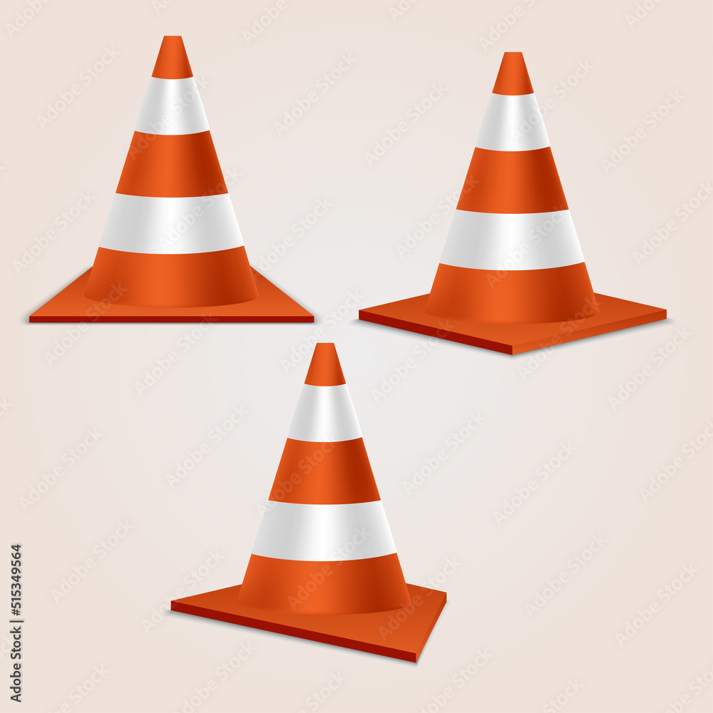 Set of traffic cones. Orange realistic road plastic cones with white striped. Vector Set of traffic cones. Orange realistic road plastic cones with white striped. Vector