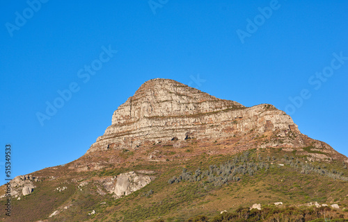 scenic landscape view of Lions Head in Cape Town, South Africa against a clear blue sky background from below with copyspace. Beautiful panoramic of an iconic landmark and famous travel destination