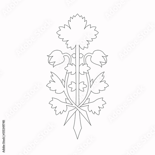 Vintage drawn tree branches with leaves and flowers on white background.