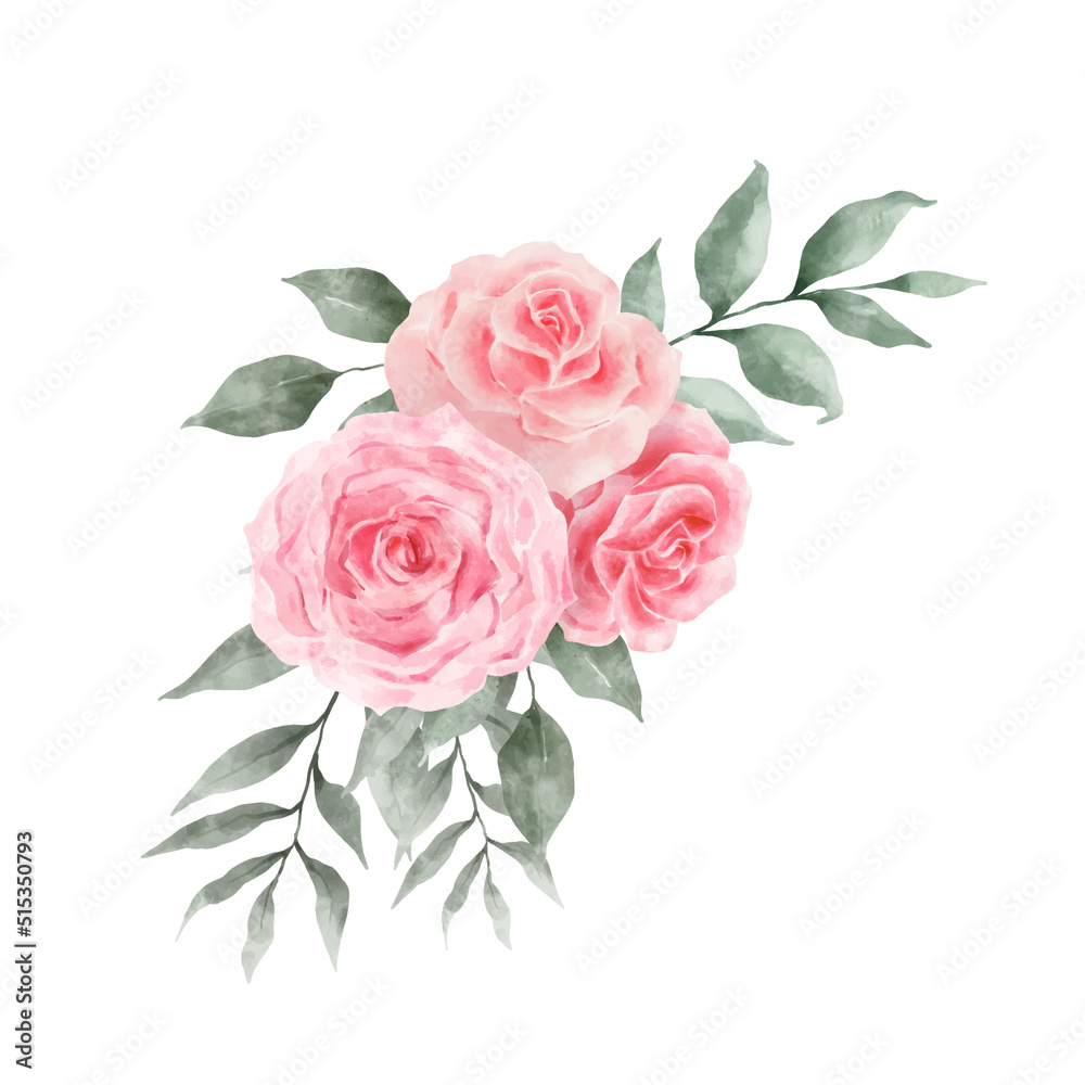 Pink and Red Rose Flowers Watercolor vector isolated on white background. Vintage Flowers and Leaves graphic for wedding, invitation card. Floral illustration