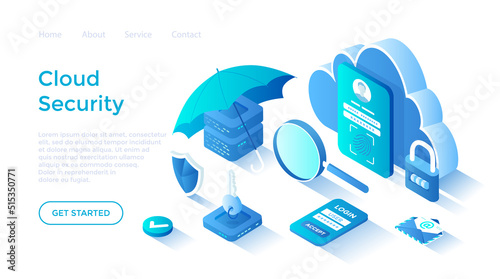 Cloud Security, Data Protecting. Safe hosting service, authorization, identification. Secure backup exchange. Isometric illustration. Landing page template for web on white background.