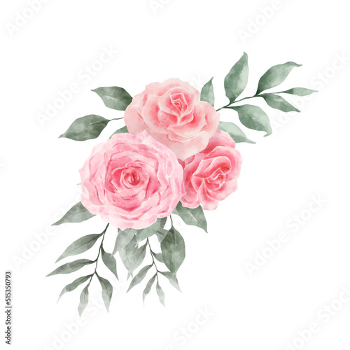 Pink and Red Rose Flowers Watercolor vector isolated on white background. Vintage Flowers and Leaves graphic for wedding  invitation card. Floral illustration