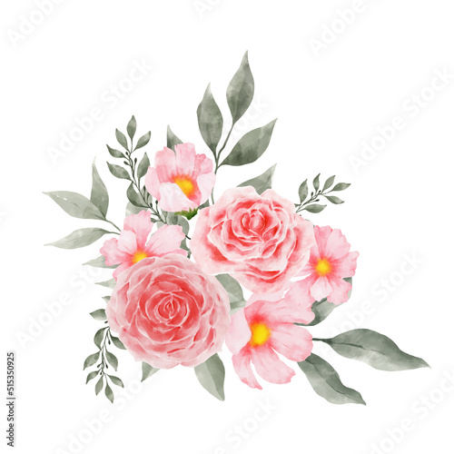 Pink and Red Rose Flowers Watercolor vector isolated on white background. Vintage Flowers and Leaves graphic for wedding  invitation card. Floral illustration