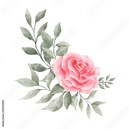 Pink and Red Rose Flowers Watercolor vector isolated on white background. Vintage Flowers and Leaves graphic for wedding, invitation card. Floral illustration