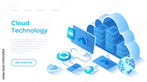 Cloud Technology. Big data processing center, cloud database, connecting information, storage, hosting. Isometric illustration. Landing page template for web on white background.