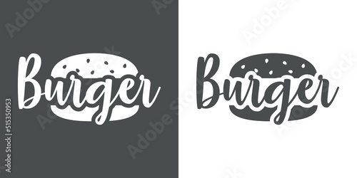 Banner con texto manuscrito Burger con silueta de hamburguesa. Logo restaurante de comida rápida. Vector en fondo gris y fondo blanco photo
