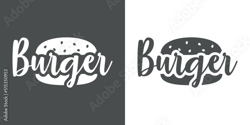 Banner con texto manuscrito Burger con silueta de hamburguesa. Logo restaurante de comida rápida. Vector en fondo gris y fondo blanco