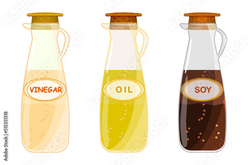 Set of vinegar, oil and soy bottle.Gourmet vinegar, oil and soya sauce in decanter with handle.Glass pitcher with flavor condiment.Ingredients for cooking,baking,salad dressing and preservation.Vector