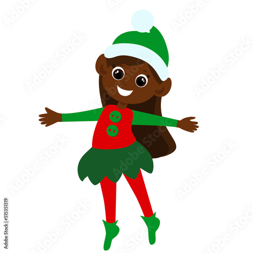 The Christmas elf is dressed in an elf costume and she is happy. Little cute elf girl in cartoon style isolated on white background.  The child whirls around excitedly.