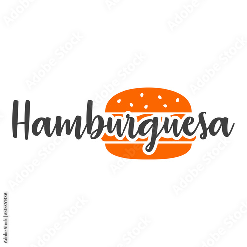 Banner con texto manuscrito Hamburguesa en español con silueta de hamburguesa. Logo restaurante de comida rápida. Vector en color negro y anaranjado