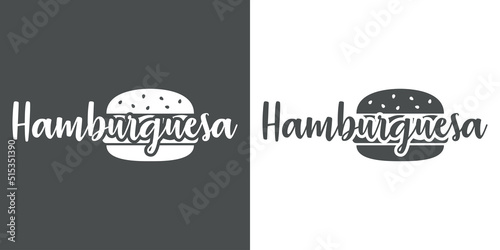 Banner con texto manuscrito Hamburguesa en español con silueta de hamburguesa. Logo restaurante de comida rápida. Vector en fondo gris y fondo blanco