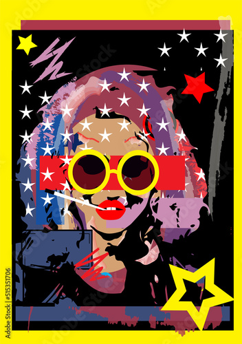 Sexy girl with purple hair  sunglasses and stars  smoking cigarette. Vintage retro poster background. 