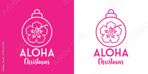 Banner con texto manuscrito Aloha Christmas con silueta de flor de hibisco en bola de navidad. Logo Feliz Navidad en hawaii. Vector en fondo rosa y fondo blanco