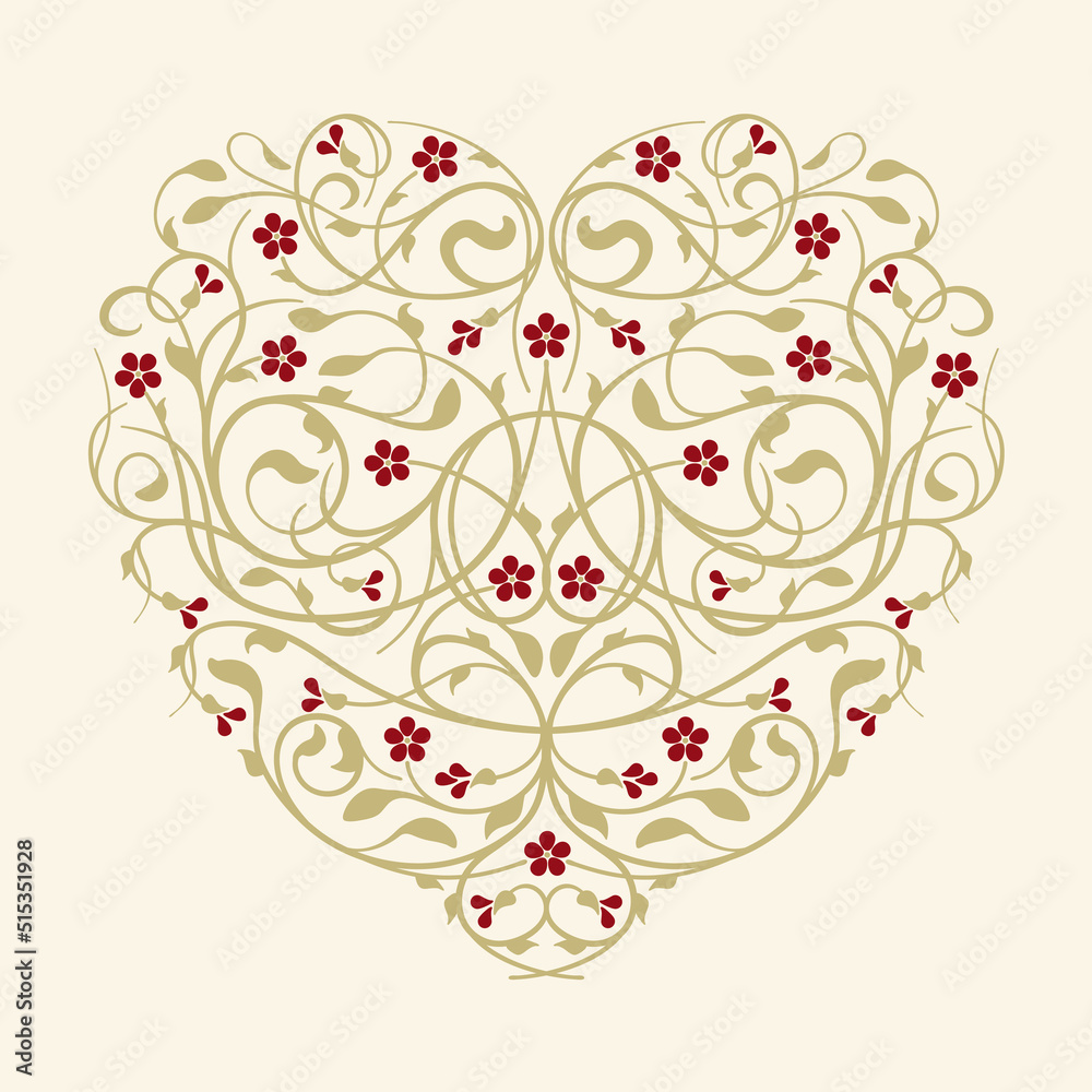Flourish, Ornamental Heart with Golden Tendrils, Leaves And Small Burgundy Flowers On A Beige Background Flourish, Ornamental Heart with Golden Tendrils, Leaves And Small Burgundy Flowers On A Beige Background