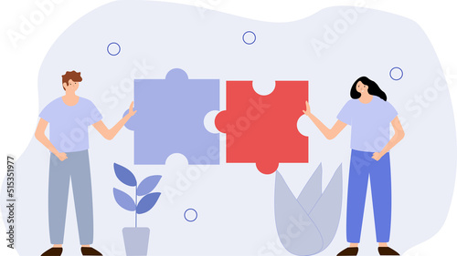 Partnership working together for success, friendship or connection to help solve problem, teamwork or unity to cooperate and overcome challenge, businessman and woman partner connect jigsaw puzzle.