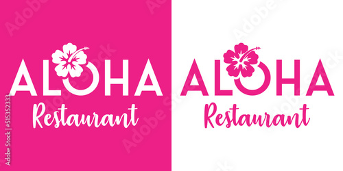 Banner con texto manuscrito Aloha Restaurant con silueta de flor de hibisco. Logo restaurante hawaiano. Vector en fondo rosa y fondo blanco