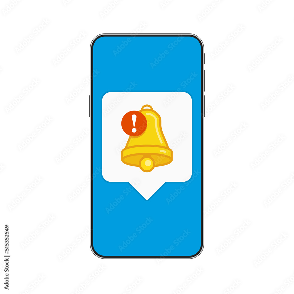 Notifications icon on screen of smart phone. Mobile Phone and push notifications sign. Smartphone with speech bubble and bell with exclamation point. Vector illustration in flat style. EPS 10. Notifications icon on screen of smart phone. Mobile Phone and push notifications sign. Smartphone with speech bubble and bell with exclamation point. Vector illustration in flat style. EPS 10.