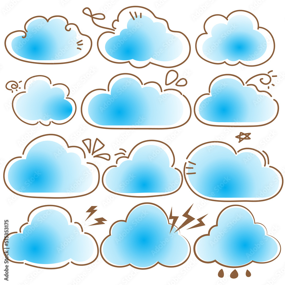 Fototapeta premium Set of cute blue cloud frames on white background.