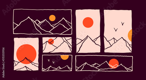 Outline Mountains, red and yellow round sun or moon. Various landscapes set. Abstract modern design. Hand drawn trendy Vector illustrations. Different patterns. Poster, print template 