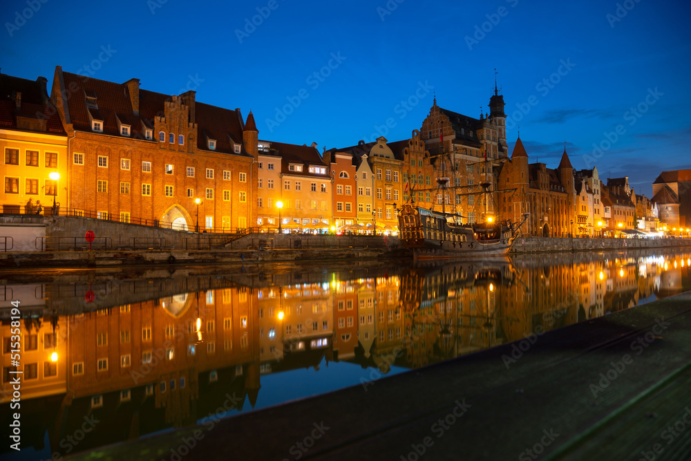 Picturesque summer evening panorama of the architectural pier of the Old Town GDANSK, POLAND