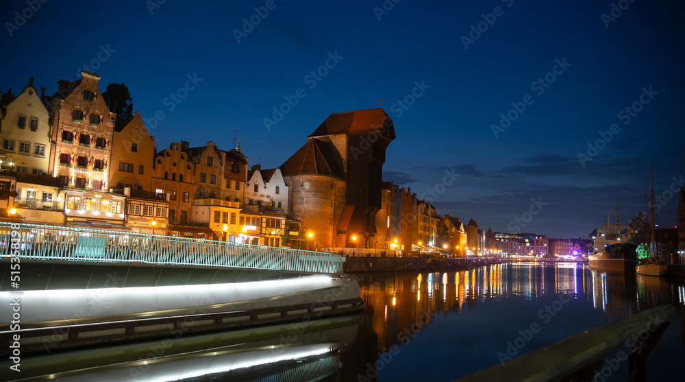 Picturesque summer evening panorama of the architectural pier of the Old Town GDANSK, POLAND