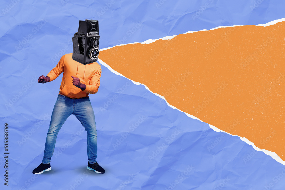 Fototapeta 3d retro abstract creative artwork template collage of guy video camera instead of head isolated blue orange drawing background