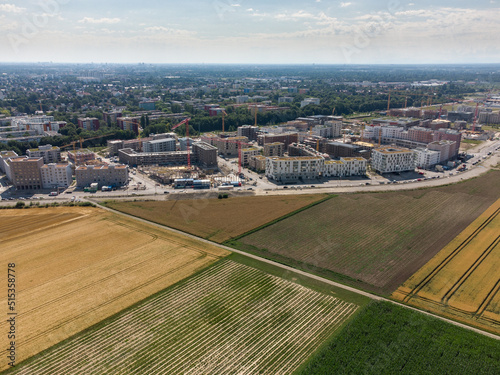 Aerial view of the construction site for new buildings for living in Munich Freiham. A new district in the west of Munich.