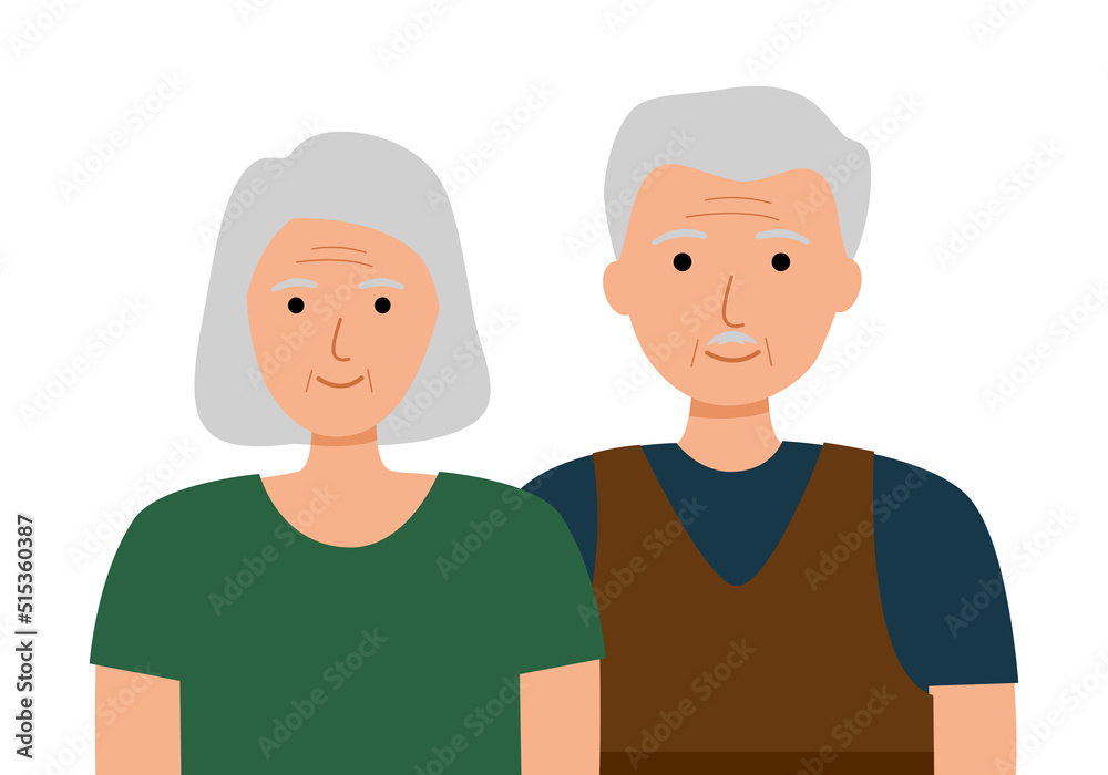 Happy senior couple smiling in flat design. Old man and woman. Grandfather and grandmother. Happy senior couple smiling in flat design. Old man and woman. Grandfather and grandmother.