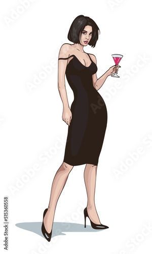 Beautiful girl in a black dress with a glass of red wine isolated on white background