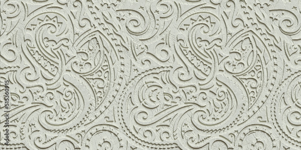Plaster stucco, wall texture, plaster molding and patterns. Ethnic ornamental elements. 3d illustration