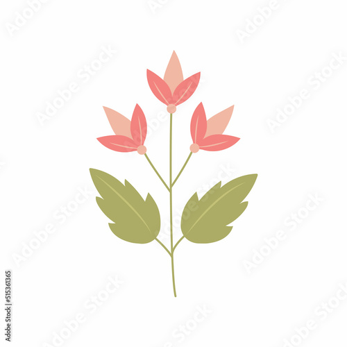 Abstract pink flower with three buds in doodle style. Botanical elements. Meadow  wildflowers and herbs. Hand drawn grass. Floral Herb Design elements. Spring botanical vector illustration 