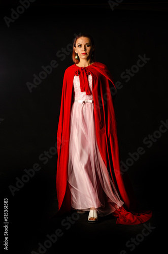 beautiful woman red cloak with red flowers roses in studio. Woman Red Riding Hood. Dramatic and fantastic shooting,fashionable toning. Like a princess