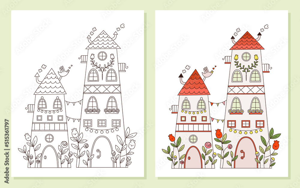 Hand drawn fairy houses with balconies, light bulbs and flowers. Vector illustration. Coloring book page.