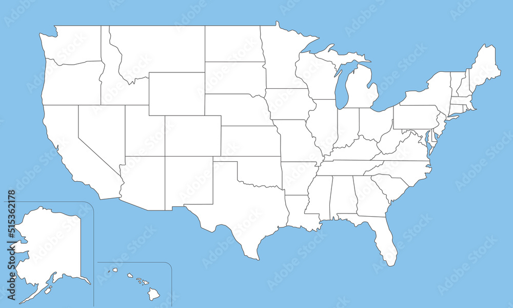 アメリカ合衆国の地図、全50州の白地図